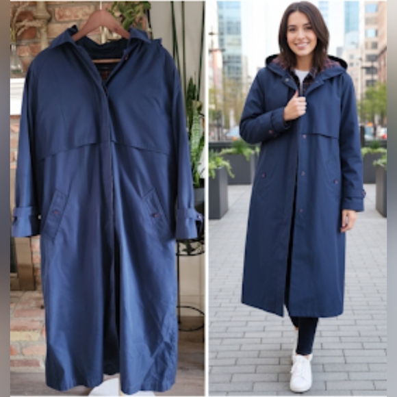 VNTG Eddie Bauer Womens Nylon Wool Lined Goose Down Hooded Trench Coat Blue XL - Picture 1 of 17